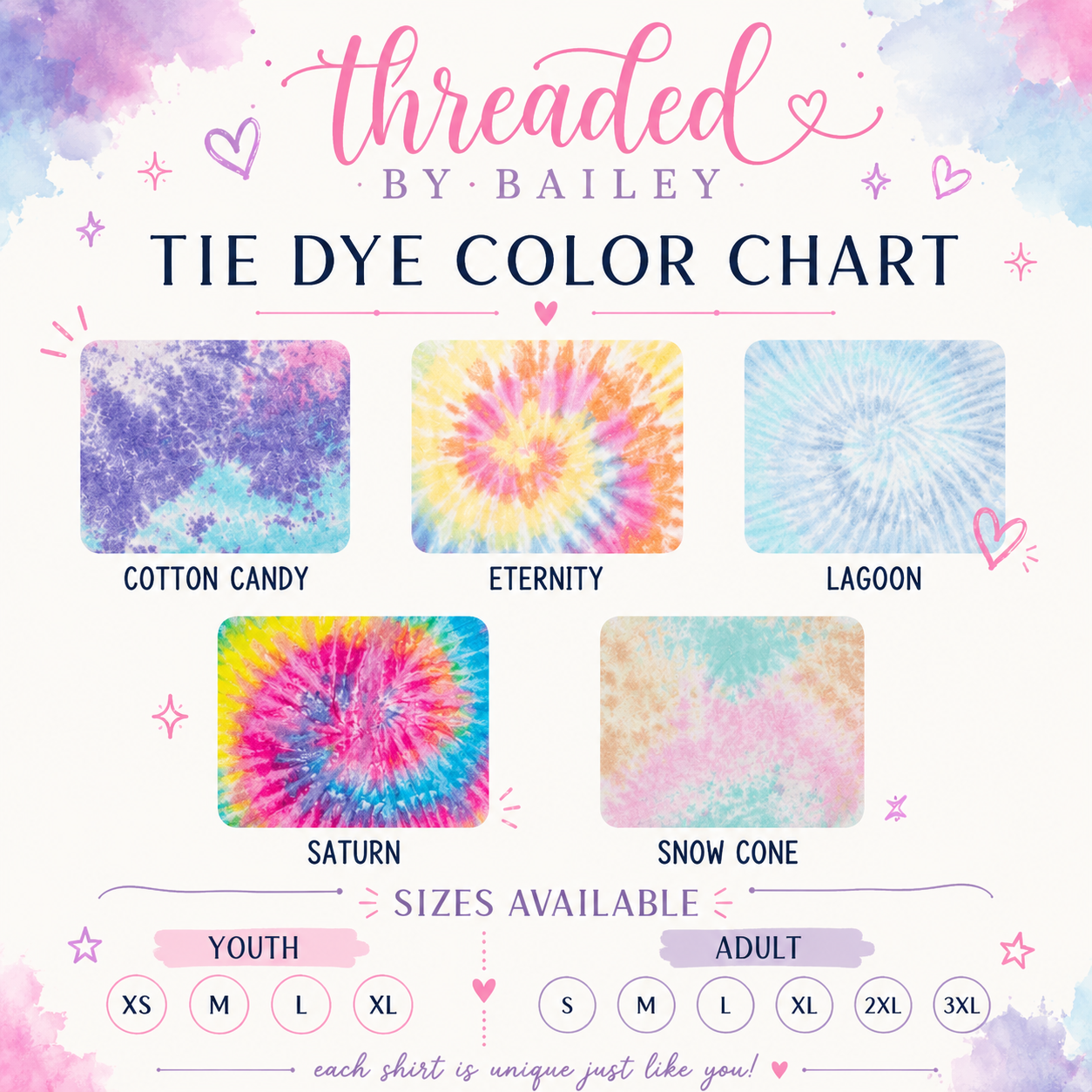 tie dye youth + adult tees